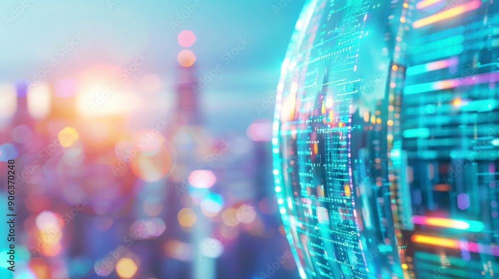 Poster abstract digital sphere with colorful lights against a blurred city skyline. conceptual image repres