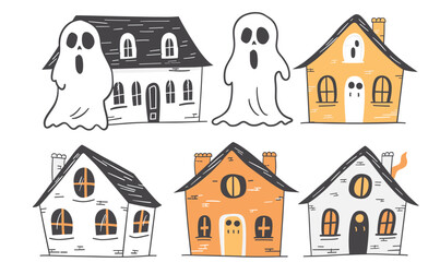 Six cartoon houses ghostly figures. Top row ghost overlay houses, bottom row houses alone. White, gray, orange color scheme
