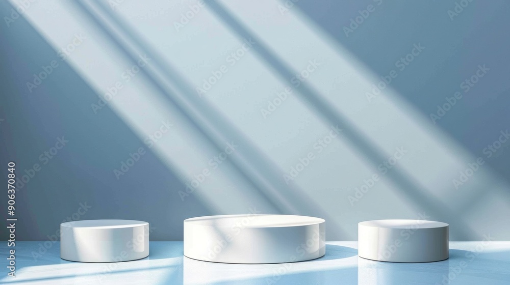 Poster minimalistic product display with white cylinders and soft blue background