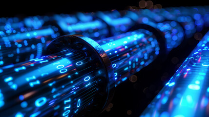 Long digital pipeline with matrix binary code 
glowing blue isolated on black background