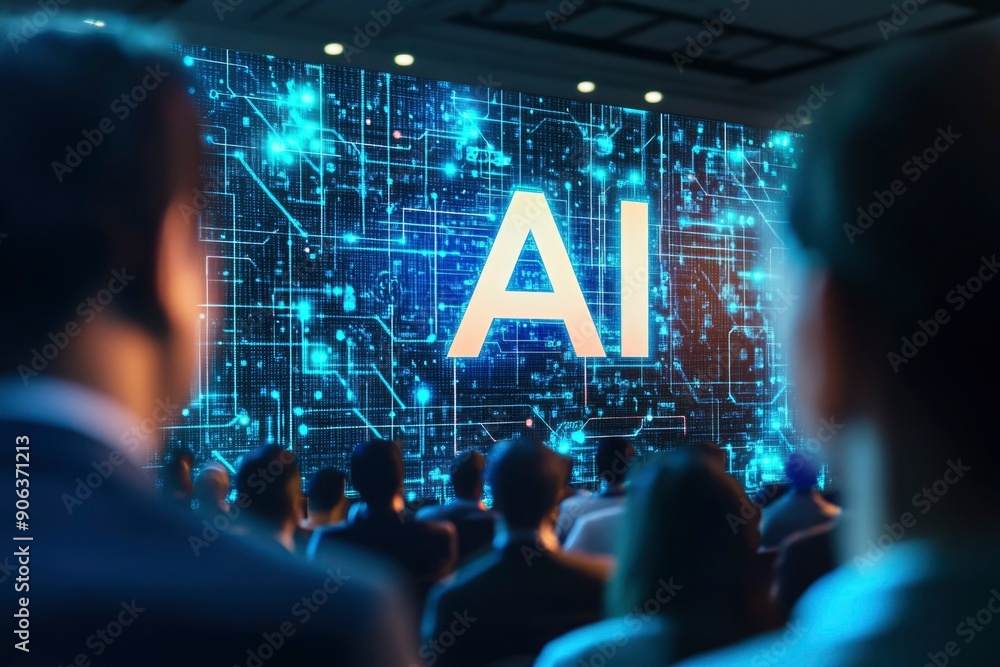 Poster audience watching ai presentation on a screen with circuitry background