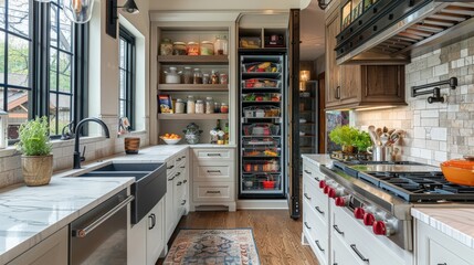 A kitchen with a pull-out pantry, allowing for easy access to ingredients and maximizing storage space