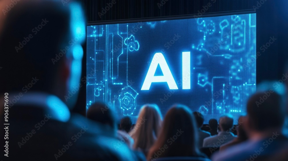 Aufkleber audience watching a presentation on ai with circuit board background