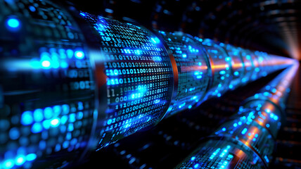 Long digital pipeline with matrix binary code 
glowing blue isolated on black background
