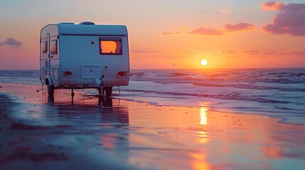 Sun rising over sea horizon day break and caravan parking on beach sea shore Travel with mobile home : Generative AI