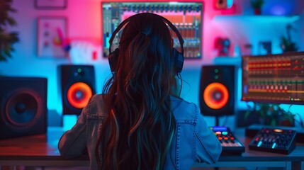 Girl filming mixing tutorial in home studio showing examples of sampling on sound controller to viewers close up shot DJ showing high tech musical gear to interested fans : Generative AI