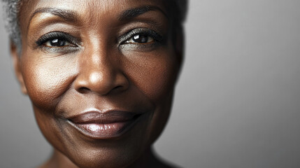 A half-portrait of an elderly African American woman with natural skin and a slight smile, highlighting her grey hair and smooth facial features
