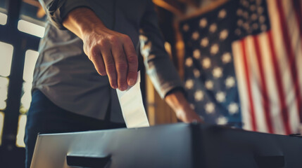 Naklejka premium A person drops a voting ballot into a box with the American flag in the background, representing active participation in the electoral process and democracy.