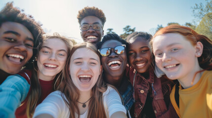 Obraz premium A friendly group of diverse teenagers posing happily for a selfie, their smiles beaming with joy and unity against a bright blue sky.