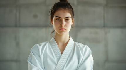 Obraz premium A serious martial artist in a white uniform stands with crossed arms in a concrete dojo, embodying determination and strength.