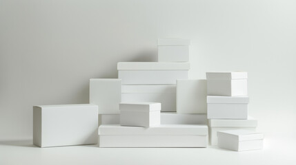 White gift boxes in varied sizes are stacked neatly, showcasing modern design and versatile arrangement against a plain background.