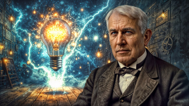 Portrait of Thomas Alva Edison with lightning surrounds glowing bulb, electricity, and mechanical devices. Steampunk background with gears and lightning. Concept of innovation and genius.