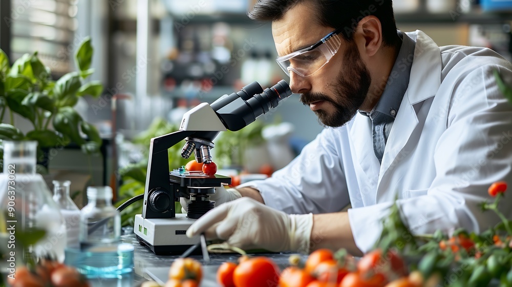 Poster male scientist working on a laptop computer and analyzing a labgrown tomato through a microscope mic