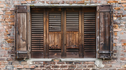 A line of black, narrow window shutters set in a red brick wall, showcasing a blend of raw, industrial aesthetics and traditional craftsmanship.