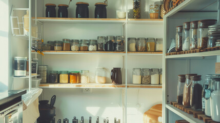 A sunlit pantry with neatly arranged jars and containers on shelves, filled with various ingredients.