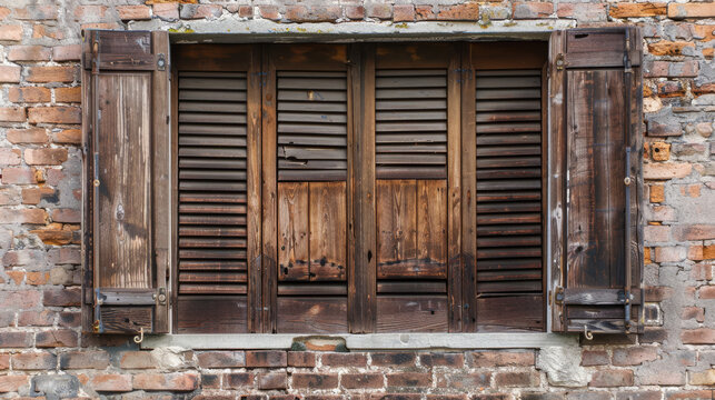 A line of black, narrow window shutters set in a red brick wall, showcasing a blend of raw, industrial aesthetics and traditional craftsmanship.