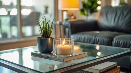A modern glass coffee table in a sleek living room, featuring a few carefully chosen books, a stylish candle, and a small plant