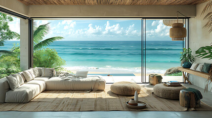 Fototapeta premium Interior a focus on Aesthetic highlighting a coastalinspired living room with light colors natural textures and seathemed decor