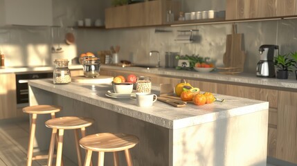 A modern kitchen island functioning as a table, with stools, and set with breakfast items like cereal, fruit, and coffee