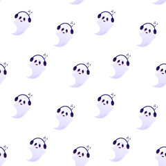 Ghost with music in headphones vector seamless pattern. Packaging design, wrapping paper, background