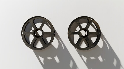Two metal gears rest side by side casting distinct shadows on a white surface, evoking a sense of precision engineering and symmetry.