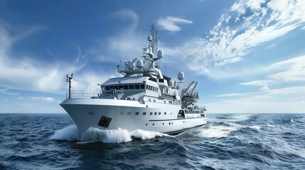 A modern research vessel equipped with advanced oceanographic instruments, autonomous underwater vehicles, and satellite communication systems for deep-sea exploration.