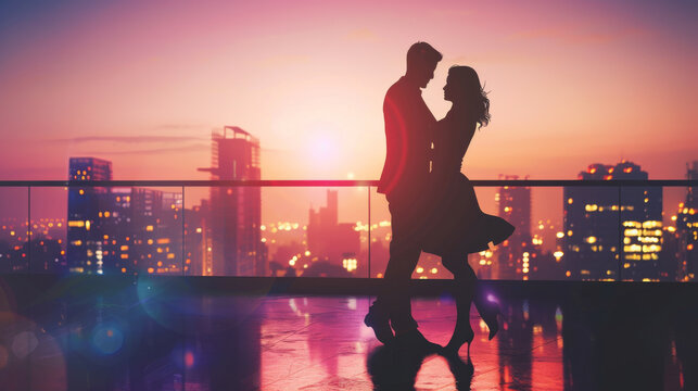 A romantic couple dances on a balcony overlooking a vibrant cityscape under a colorful sunset, capturing an intimate and enchanting moment. - Powered by Adobe