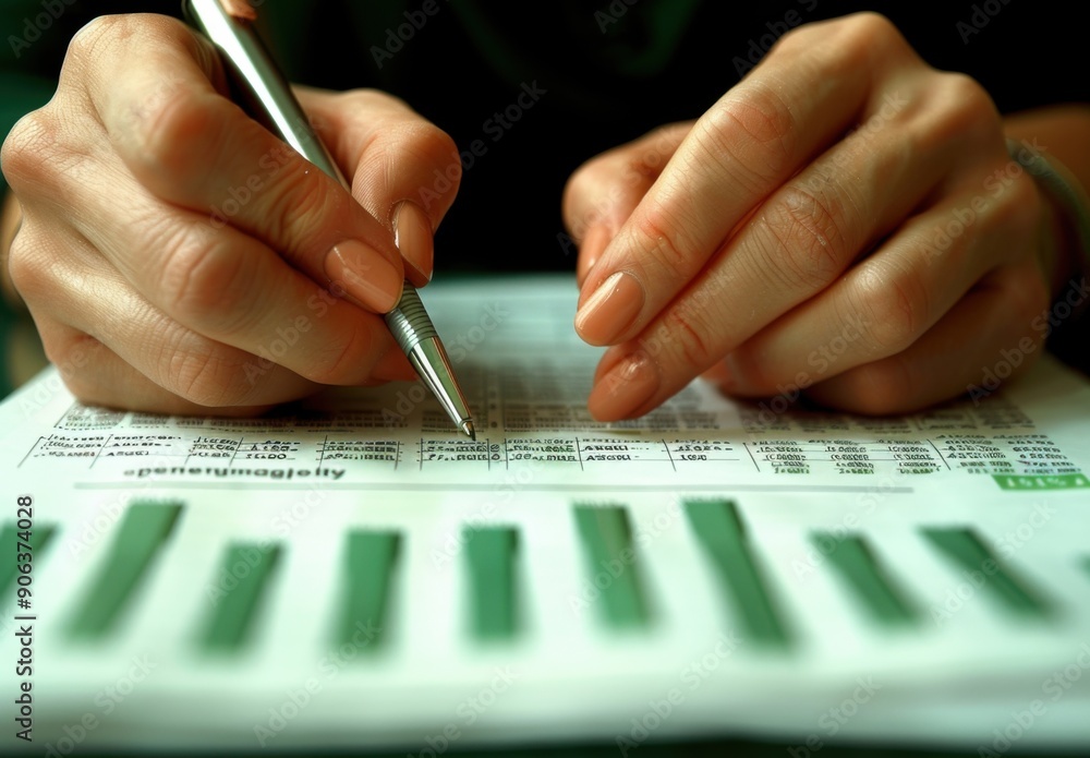 Poster hands analyzing data with pen