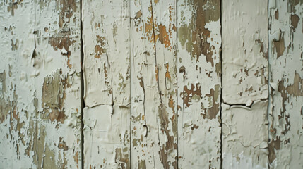 An abstract view of a wooden surface with heavily chipped white paint, showcasing the rustic beauty of weathering and aging.