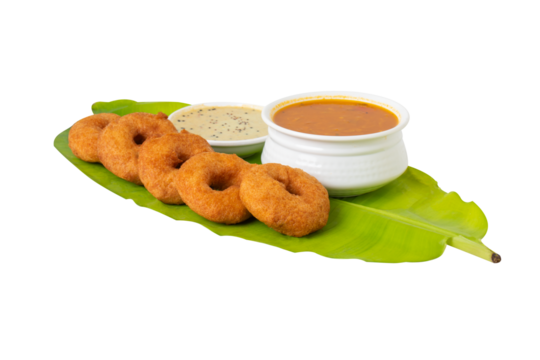 South indian food fried vada served with sambar or coconut chutney on transparent background