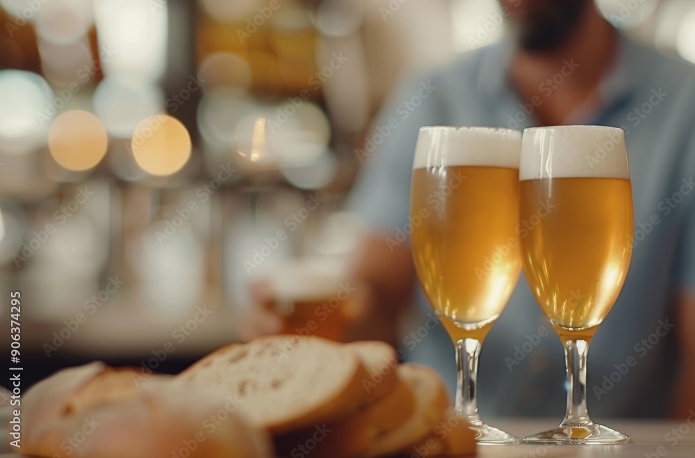 Poster two glasses of beer with fresh bread on a rustic table in a warm bar setting