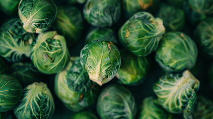 Obraz premium A close-up of fresh Brussels sprouts, showcasing the textured and vibrant green surface, emphasizing freshness and crispness.