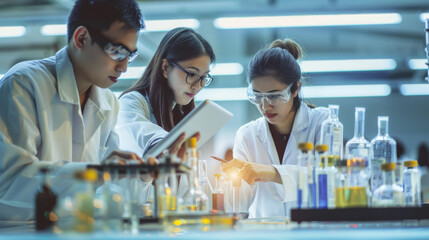 Three lab technicians in lab coats and safety glasses conducting experiments with various equipment in a modern, well-lit laboratory.