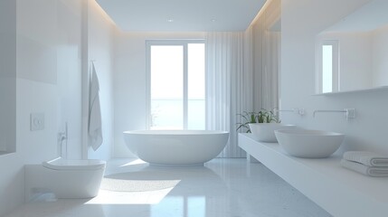 Modern Bathroom with White Interior and Sea View
