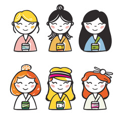 Six cartoon women wearing traditional Asian clothing, holding smartphone. Smiling female characters, various hairstyles, cute, colorful attire. Diversity, technology, modern cultural fusion