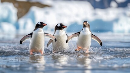Obraz premium Icy glacial bay, penguins engaging in play, natural cold setting