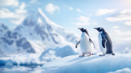 Fototapeta premium Penguins enjoying playtime in a glacial bay, icy landscape, natural habitat