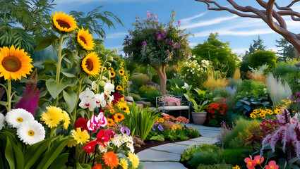 A vibrant garden filled with colorful flowers and lush greenery