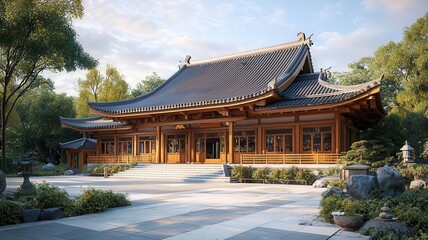 Fototapeta premium Buddhist temple with timber architecture, a sanctuary of peace and reflection, spiritual escape