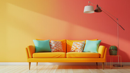 A vibrant yellow and orange sofa with colorful cushions stands against a two-toned orange and yellow wall, bathed in warm sunlight, creating a cheerful ambiance.