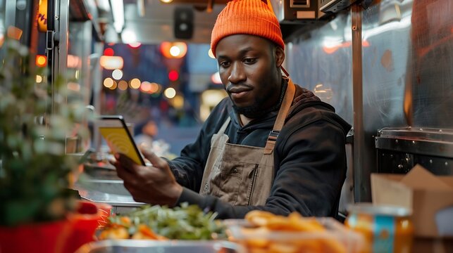 Black man making payment with smartphone in food truck : Generative AI
