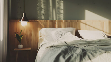 A calming bedroom with wooden walls and a glowing bedside lamp, featuring an inviting bed and indoor plant, bathed in delicate natural light.