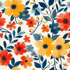 Seamless floral pattern with colorful flowers and leaves. illustration.