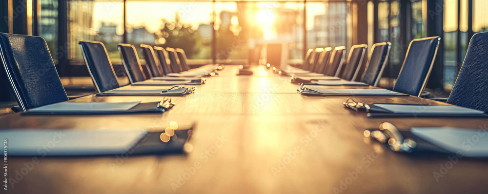 Poster a large conference table with many chairs and a sun shining through the windows. the table is set fo