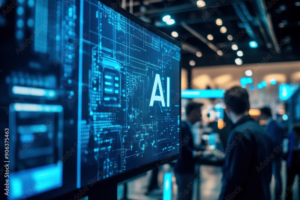 Poster ai displayed on a monitor in a dimly lit room with blurred figures in the background