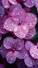 Close-up of vibrant pink hydrangea flowers with water droplets on petals.