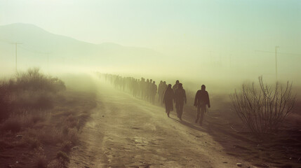 Obraz premium Silhouettes of a group of people walking in a misty landscape at dawn, evoking a sense of journey, solitude, and the unknown in an ethereal, hazy scene.
