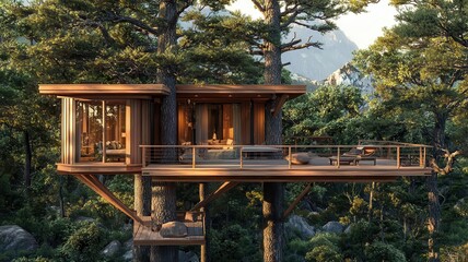 Timber-framed treehouse offering a sanctuary in the treetops, elevated escape