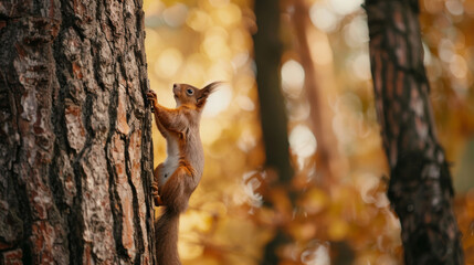 A small squirrel clings to a tree trunk in an autumn forest, surrounded by warm-colored foliage, embodying the spirit of nature and wildlife.