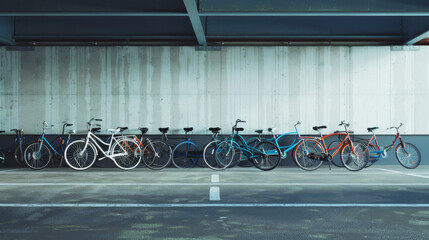 A row of diverse bicycles lined up neatly under a shaded parking area, forming a colorful and organized pattern against a concrete wall.